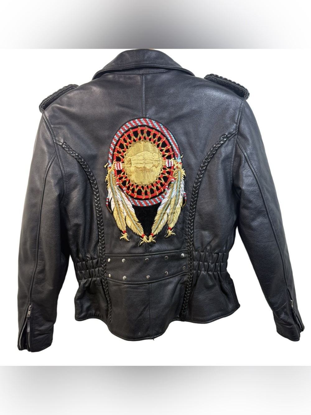 Black Leather motorcycle Jacket with Dreamcatcher Embroidery patch